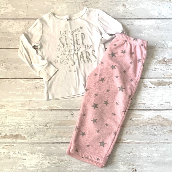 Carters 2T Girls Pajama Set Kids Toddler Pjs Pink Fleece Stars Pants White Shirt - Picture 1 of 5